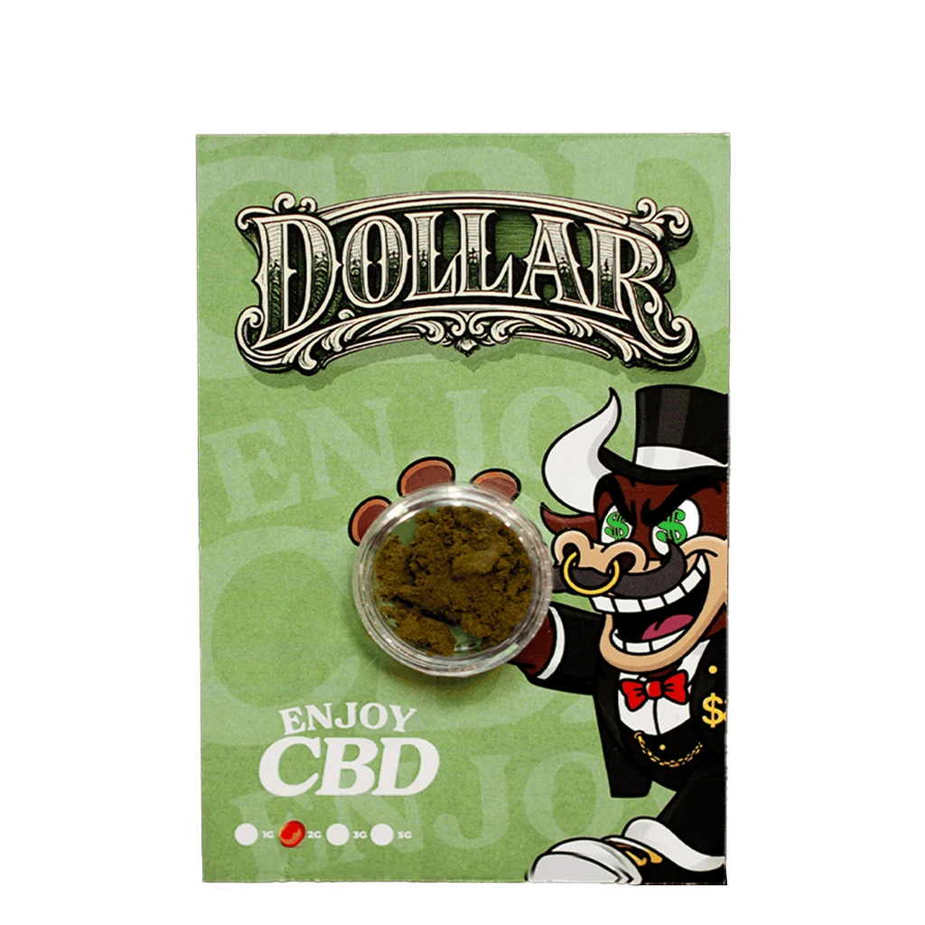 CBD Hash Enjoy Dollar en recipiente transparente sobre cartón verde con el texto Dollar y un toro de dibujos con sombrero de copa.