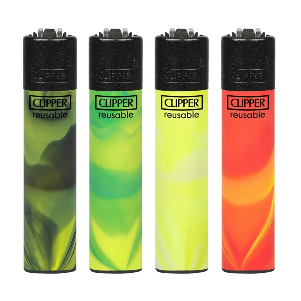 Selección de mecheros Clipper Micro Fluo Nebula con diseños ondulados en verde, amarillo y naranja y cabezales negros.