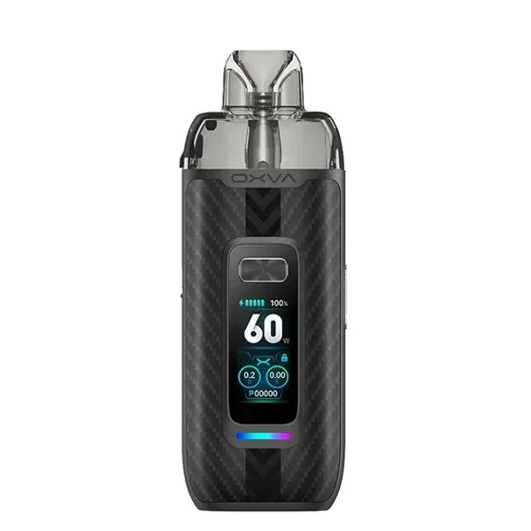 Vapeador OXVA Vprime Black Charcoal visto de frente, con patrón oscuro, boquilla translúcida y pantalla encendida que muestra 60 W.