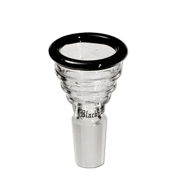 Cazoleta de cristal Michelin Black con borde negro ancho, copa transparente con relieves circulares y conector esmerilado.