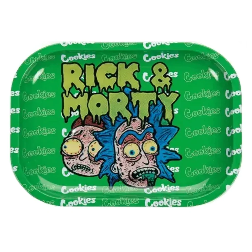 Bandeja verde Rick Cook con esquinas redondeadas, dibujos de Rick y Morty y la palabra Cookies repetida sobre el fondo.