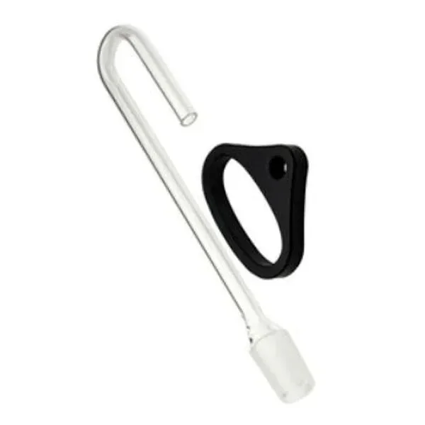Adaptador transparente Da Vinci Ascent con tubo largo curvado en U y conexión esmerilada, junto a una pieza negra con abertura ovalada.