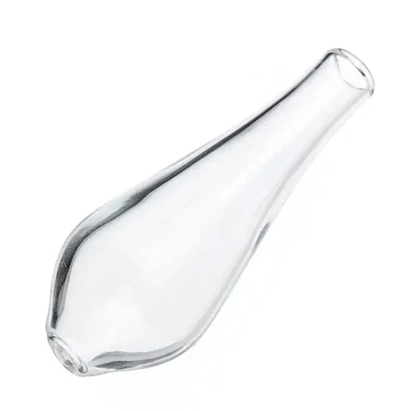 Boquilla de recambio Da Buddha transparente, de cuerpo abombado y cuello estrecho, colocada en diagonal sobre fondo blanco.