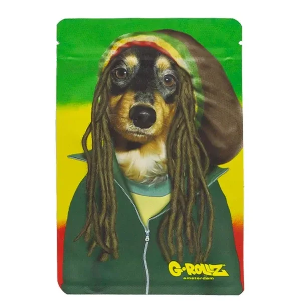 Bolsa G-Rollz Pets Rock Reggae con un perro ilustrado con rastas, gorro y chaqueta verde sobre fondo verde, amarillo y rojo.