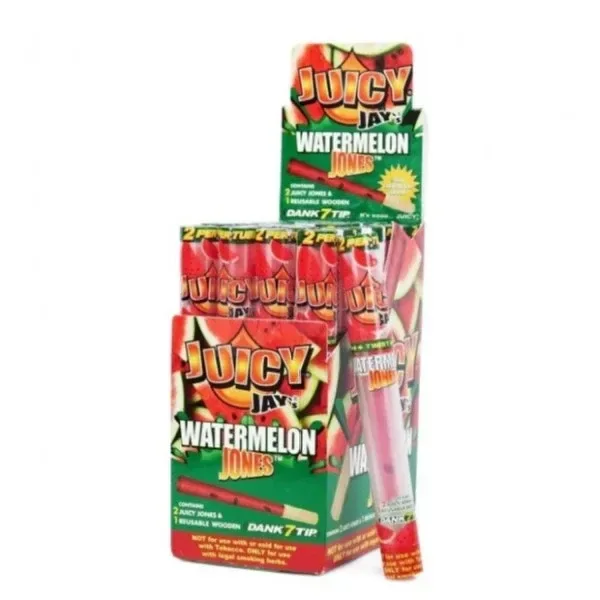 Expositor Juicy Jay’s Watermelon Jones con blísteres de conos rosados y envases rojos y verdes decorados con sandías.
