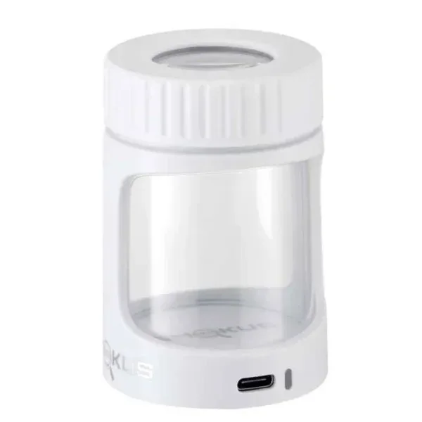 Tarro Smokus Focus Horizon blanco con ventana frontal transparente, tapa estriada con visor circular y puerto USB-C en la base.