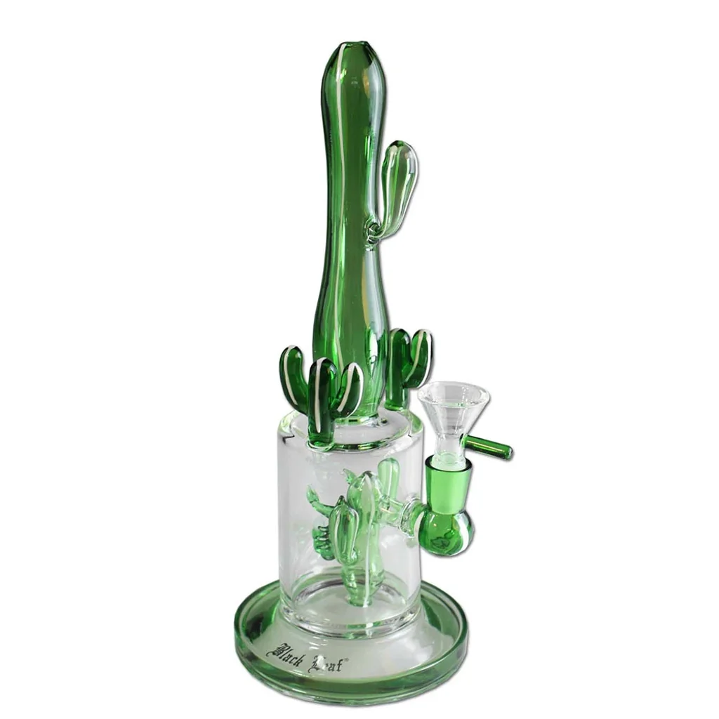 Bong Arizona de Black Leaf con cuello verde en forma de cactus, cámara transparente, percolador de cactus y cazoleta lateral.