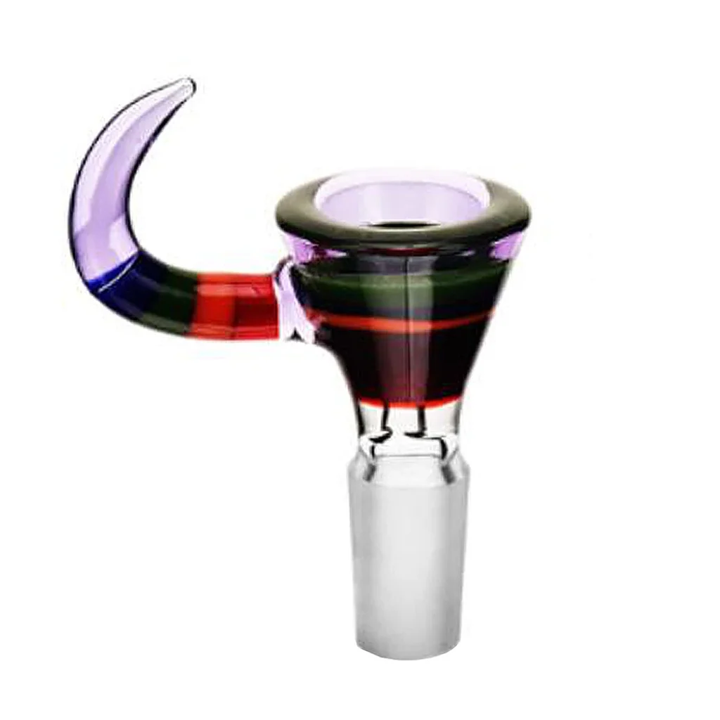 Cazoleta de cristal Devil con copa oscura de franjas rojas, interior violeta y un asa lateral curvada en forma de cuerno.
