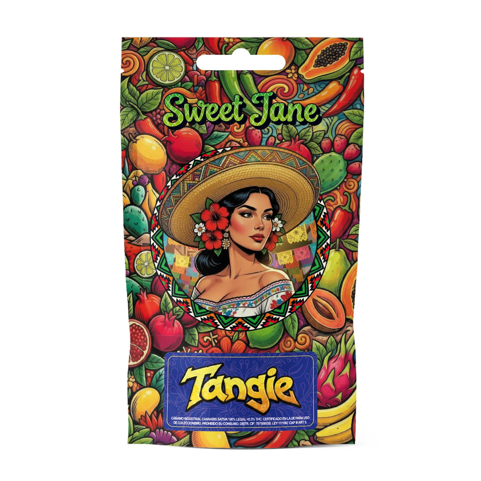 Envase Sweet Jane Tangie decorado con frutas de colores y una ilustración de una mujer con sombrero y flores en el cabello.