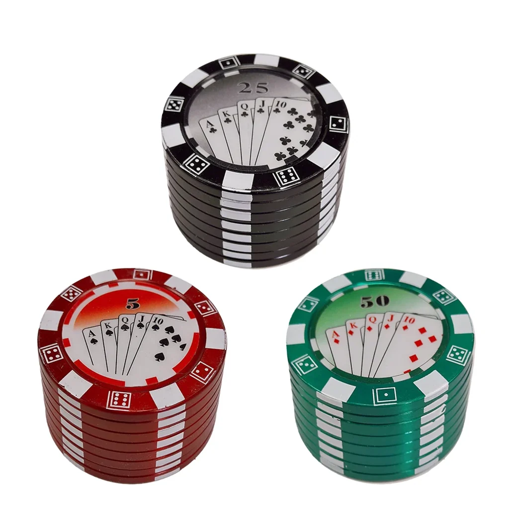 Grinders con diseño de fichas de casino en negro, rojo y verde, con cartas, dados y los números 25, 5 y 50 en las tapas.