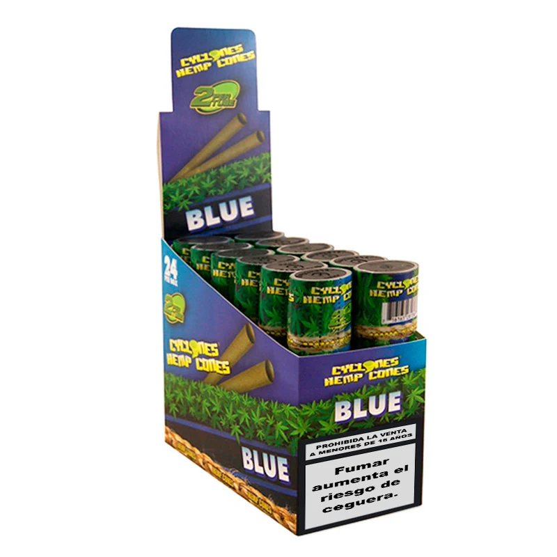 Expositor de Cyclones Hemp Blue con tubos individuales verdes, dibujos de conos y una advertencia sanitaria en el frontal. Expositor de Cyclones Hemp Blue con tubos individuales verdes, dibujos de conos y una advertencia sanitaria en el frontal.