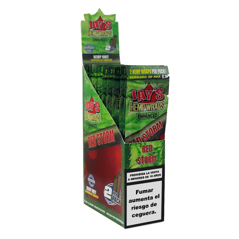 Expositor abierto de Jay's Hemp Wraps Enhanced Red Storm, con sobres verdes y rojos y advertencia sanitaria en el frontal.
