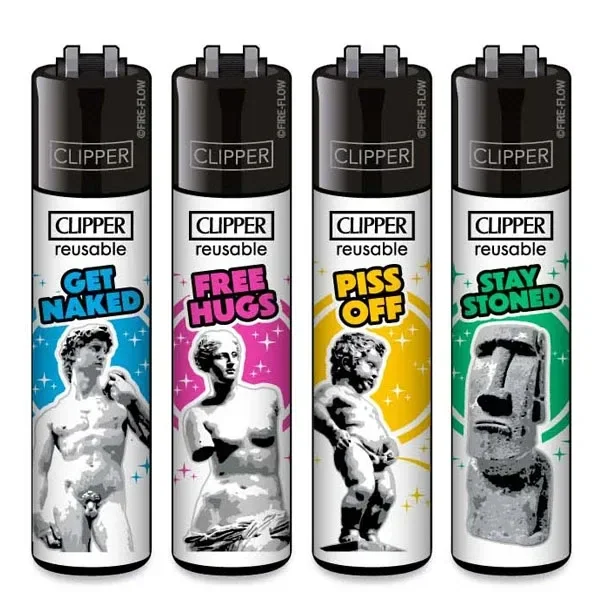Selección de mecheros Clipper Sculpture con parte superior negra, figuras de esculturas y frases sobre fondos azul, rosa, amarillo y verde.