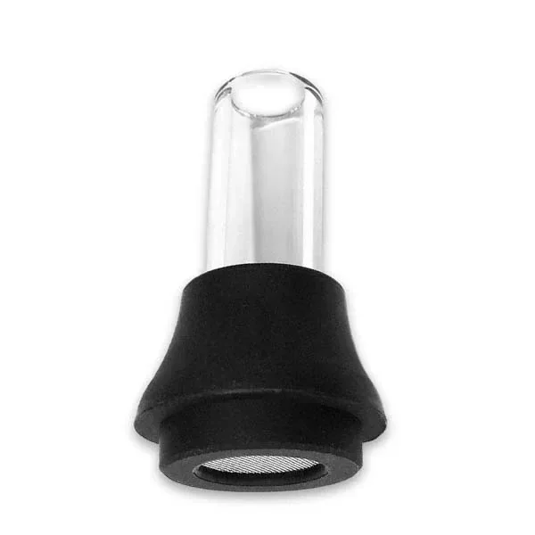 Boquilla de vidrio X-vape V2 Pro para X-Max Vital, con tubo transparente, base negra ensanchada y rejilla circular visible en la parte inferior.
