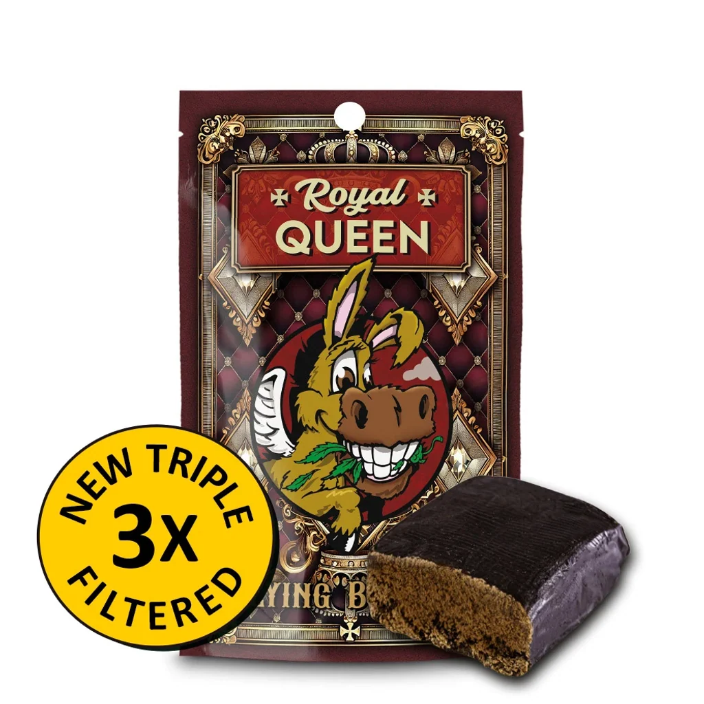 Envase Royal Queen Flying Burrito con burro ilustrado, distintivo «3x filtered» y bloque oscuro con el interior marrón visible.