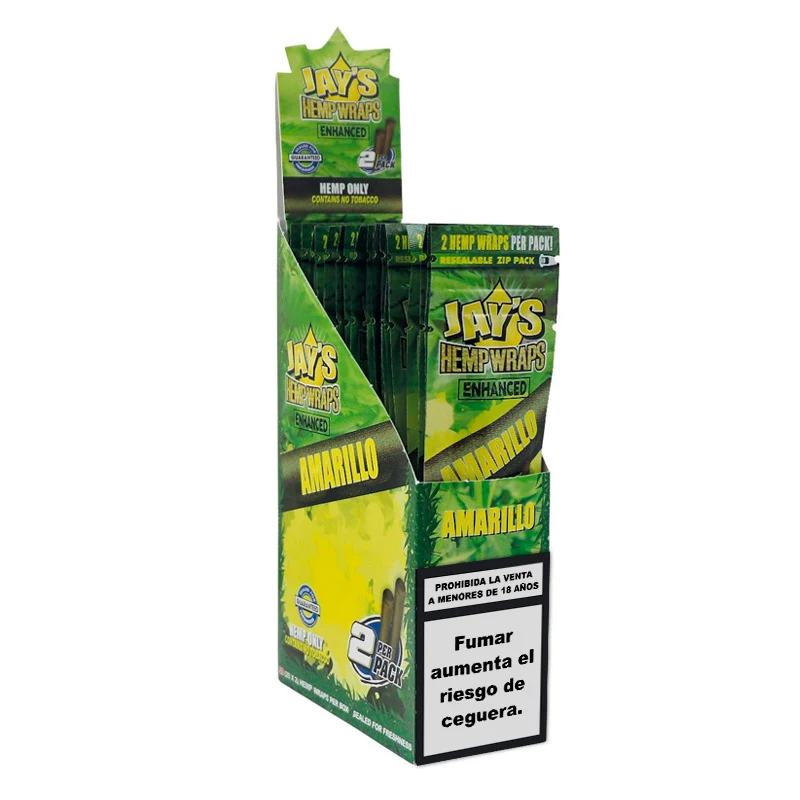 Expositor verde y amarillo de Jay's Hemp Wraps Amarillo, con varios sobres y una advertencia sanitaria en el frontal. Expositor verde y amarillo de Jay's Hemp Wraps Amarillo, con varios sobres y una advertencia sanitaria en el frontal.