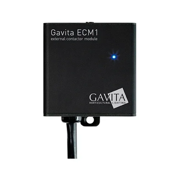 Módulo Gavita ECM1 de carcasa negra, con indicador azul encendido, cable inferior y pestaña de fijación con orificio. Módulo Gavita ECM1 de carcasa negra, con indicador azul encendido, cable inferior y pestaña de fijación con orificio.