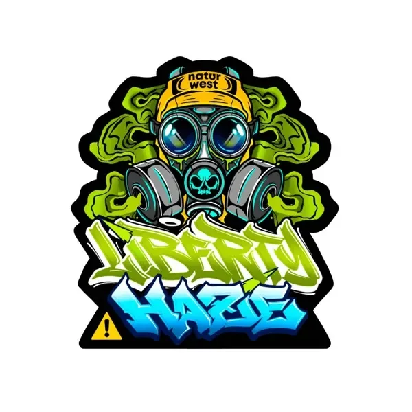 Diseño de Naturwest Liberty Haze con un personaje con máscara antigás, gorra amarilla y letras de estilo grafiti verdes y azules.