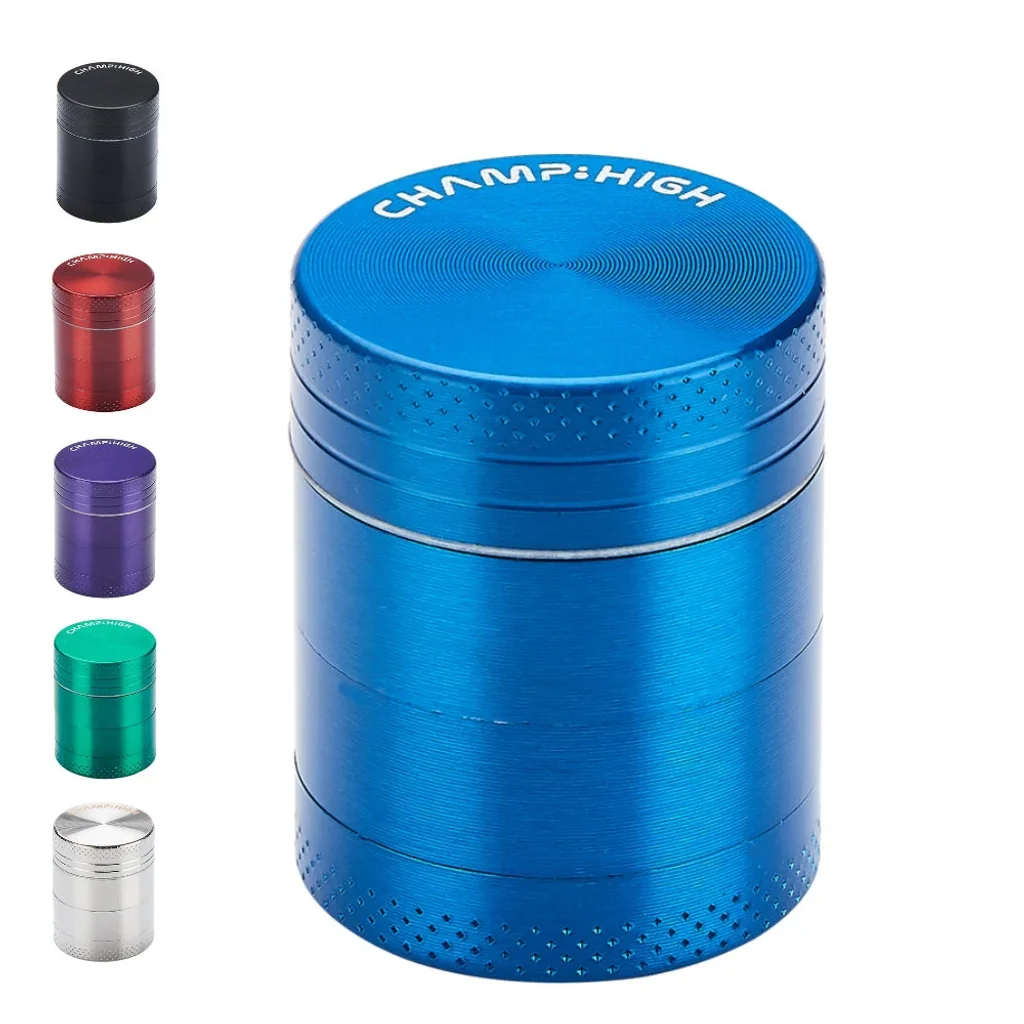 Grinder cilíndrico CHAMP HIGH azul en primer plano, con variantes en negro, rojo, morado, verde y plateado a la izquierda.