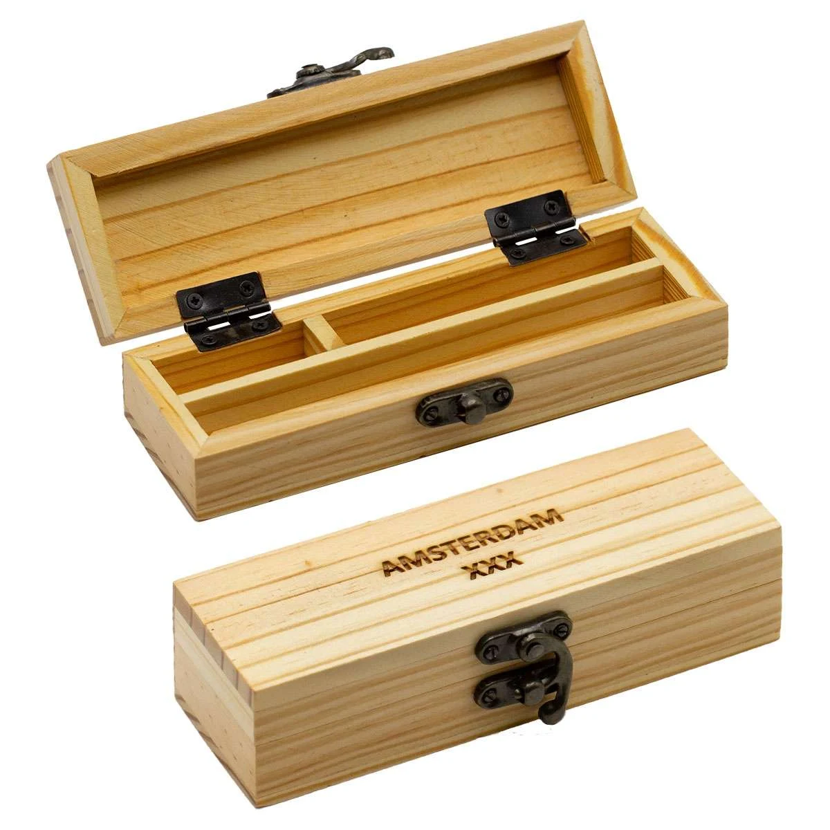 Caja de bambú para fumador, abierta y cerrada, con compartimentos interiores, cierre metálico y texto Amsterdam en la tapa.