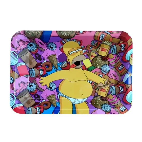 Bandeja rectangular con esquinas redondeadas y dibujo de Homer Simpson en ropa interior entre hamburguesas, donuts, patatas y latas.