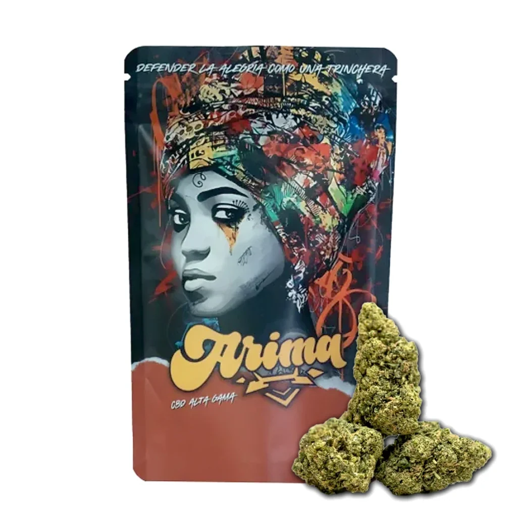 Bolsa de CBD Arima Indoor Green Crack con retrato ilustrado de una mujer con turbante multicolor y varios cogollos delante.