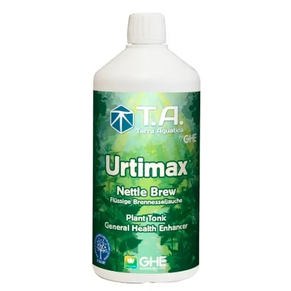 Botella blanca de Urtimax Terra Aquatica con tapón blanco y etiqueta verde con los textos «Nettle Brew» y «Plant Tonic».