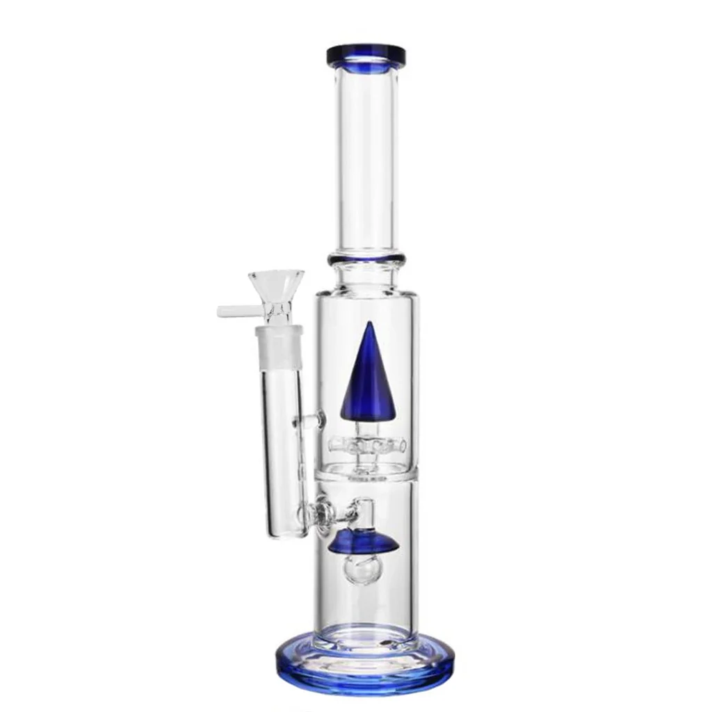 Bong de cristal Lance Blue con cuerpo cilíndrico transparente, detalles azules, base circular y cazoleta lateral sobre fondo blanco.