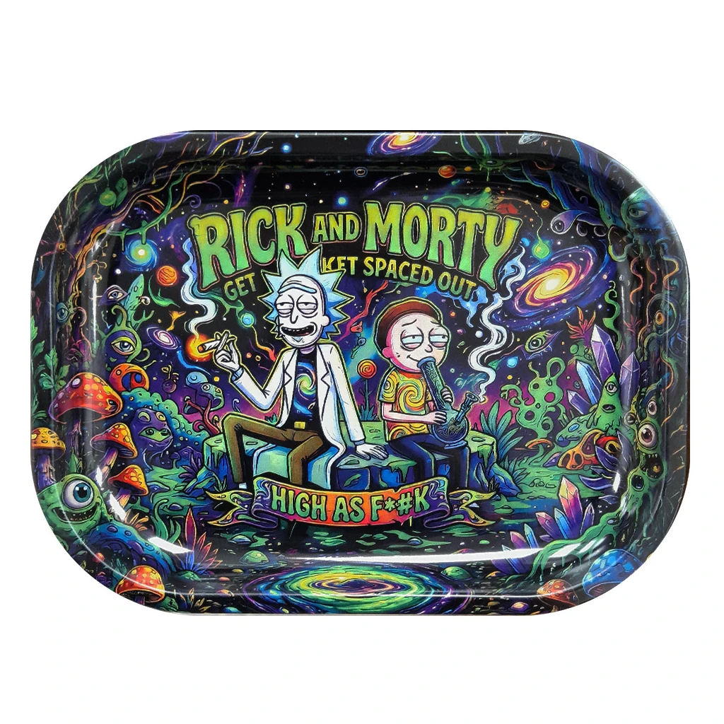 Bandeja con Rick y Morty rodeados de planetas, hongos y criaturas multicolores, con el texto Rick and Morty en la parte superior.