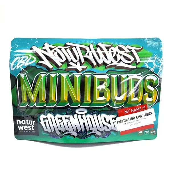 Bolsa de Naturwest Mini Buds Frosted Fruit Cake con diseño verde y turquesa, letras de estilo grafiti y etiqueta de 10 g.
