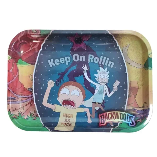Bandeja rectangular de esquinas redondeadas con Rick y Morty, fondo multicolor y los textos «Keep On Rollin» y «Backwoods».