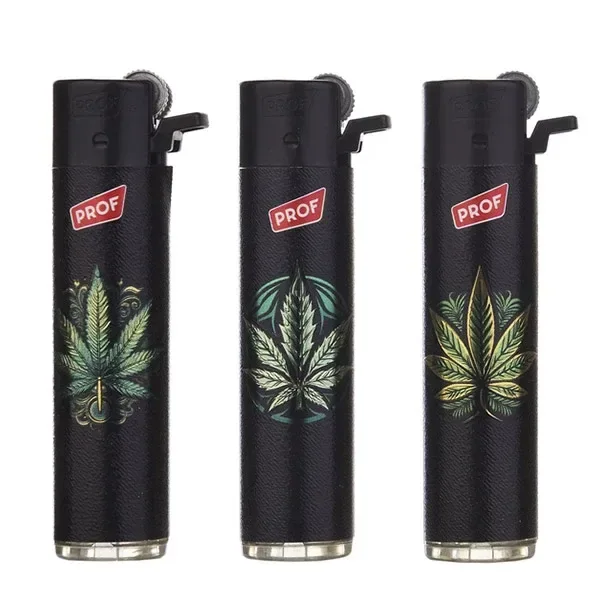 Selección de mecheros negros con distintos dibujos de hojas de cannabis, rueda de encendido y logotipo rojo PROF.