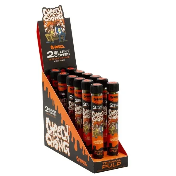 Expositor negro y naranja de conos G-Rollz Cheech & Chong Tropical Pulp, con varias unidades en tubos de tapón negro.