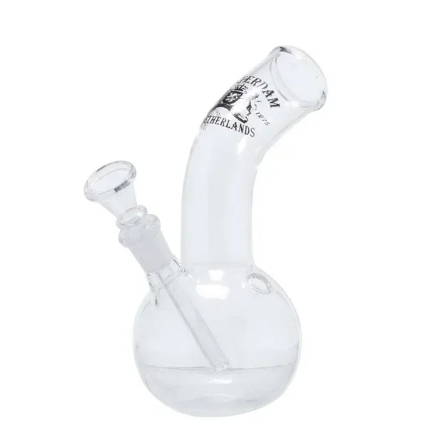 Bong Cristal Amsterdam transparente, con base esférica, cuello curvado y cazoleta lateral conectada a un tubo interior.