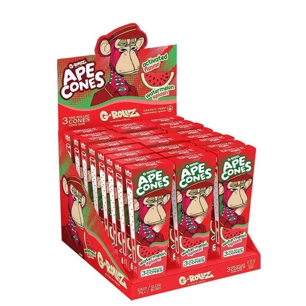Expositor rojo de conos G-Rollz Ape Watermelon Splash, con envases ilustrados con un simio y sandías, rotulados «3 cones».