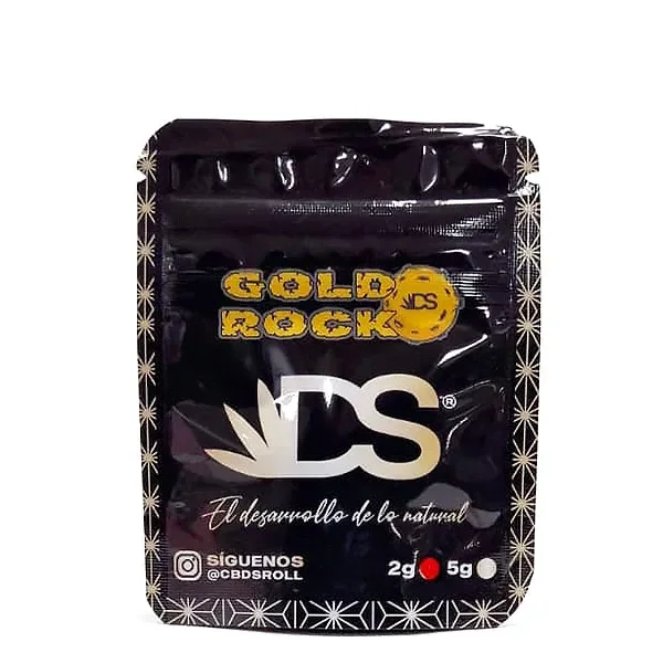 Bolsa negra de CBDsroll Gold Rock con cierre resellable, letras doradas, logotipo central y opciones de peso con 2 g marcado en rojo.
