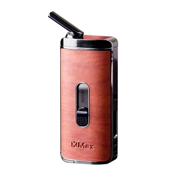 Vaporizador X-Max Ace Wood con frontal rojizo de veta visible, bordes negros, control deslizante y boquilla inclinada.