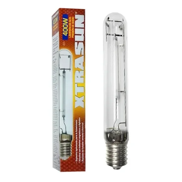 Bombilla HPS Xtrasun de 400 W, de vidrio tubular transparente y casquillo roscado, junto a su caja vertical sobre fondo blanco.