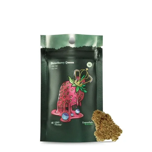 Bolsa verde Strawberry Queen de Goodies con una fresa ilustrada con corona, etiqueta de 1 g y un cogollo delante.