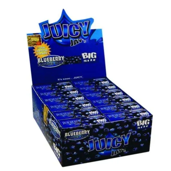 Expositor azul abierto de Juicy Jay's Rolls Blueberry con varias cajitas, dibujos de arándanos y el rótulo Big Size.