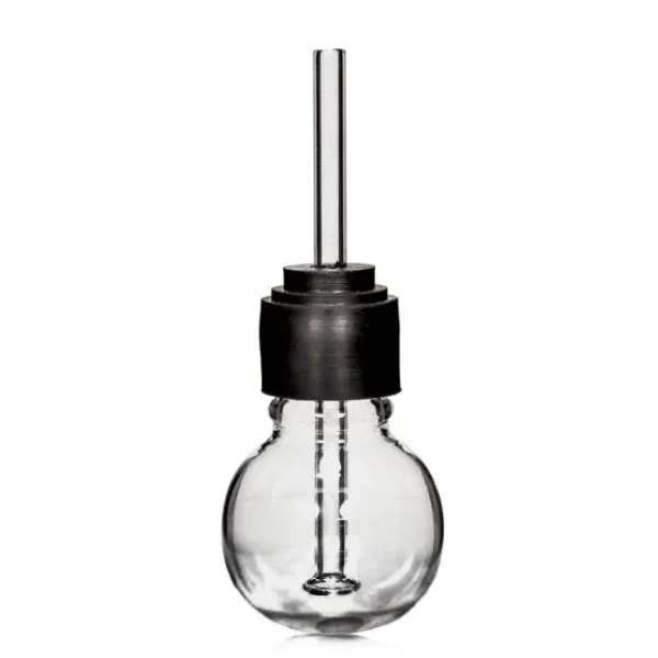 Vaporizador Bubble Vape Glass con recipiente transparente redondeado, cierre negro y tubo vertical que se prolonga hacia el interior.