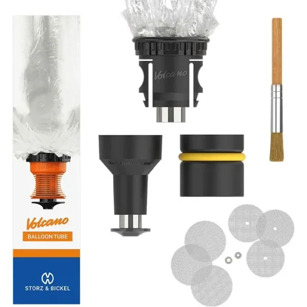Kit Volcano Solid Valve de Storz & Bickel con globo, piezas negras de conexión, juntas, rejillas circulares y cepillo de limpieza.