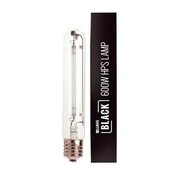 Bombilla tubular transparente HPS Lumii Black de 600 W, con casquillo de rosca, junto a su caja negra con letras blancas.