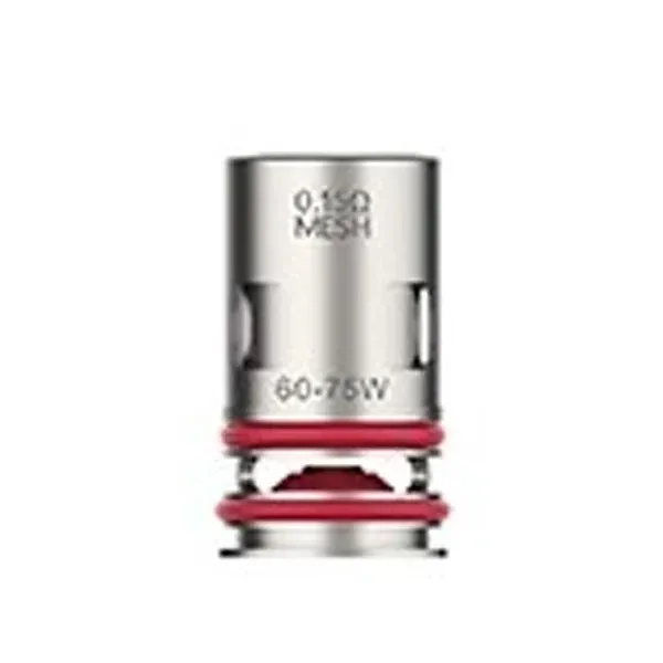 Resistencia Vaporesso GTX Mesh plateada con juntas rojas y las inscripciones 0,15 Ω, MESH y 60–75 W. Resistencia Vaporesso GTX Mesh plateada con juntas rojas y las inscripciones 0,15 Ω, MESH y 60–75 W.
