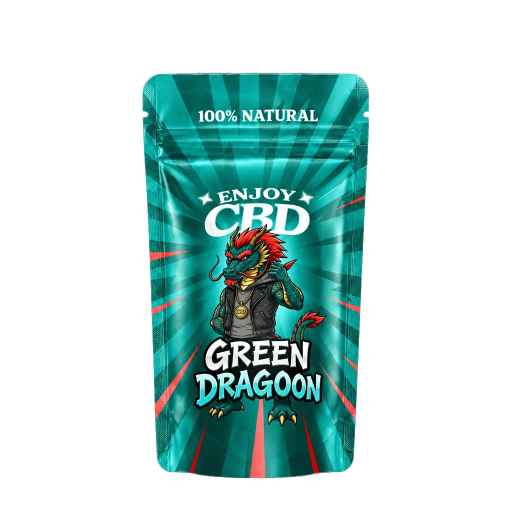 Bolsa verde de Enjoy CBD Green Dragon con cierre superior, un dragón ilustrado con chaleco negro y el texto «100% natural».