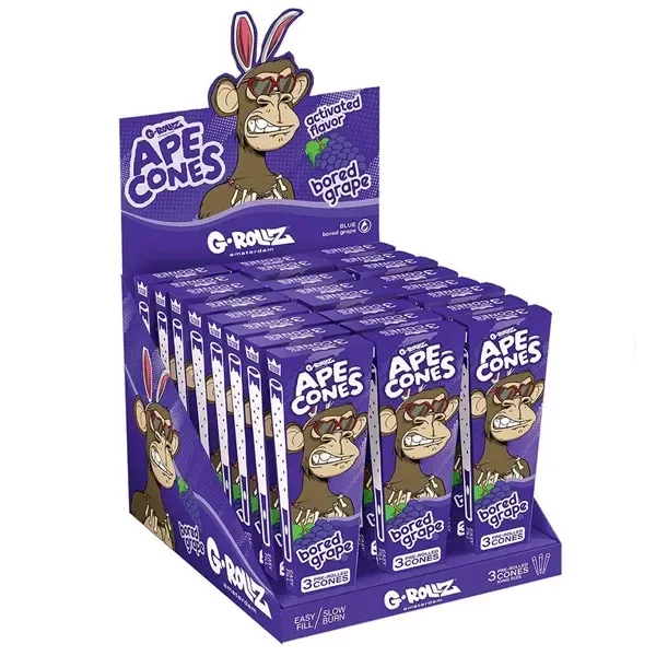 Expositor morado de conos G-Rollz Ape Grape, con varios envases decorados con un simio, racimos de uvas y conos blancos.
