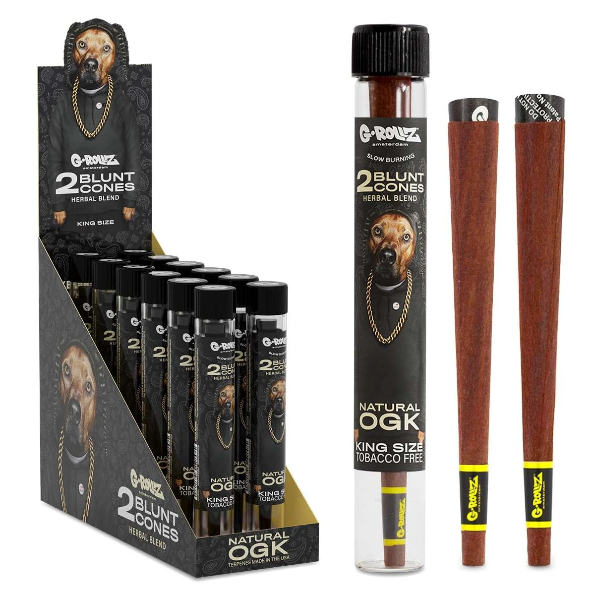 Expositor y tubo G-Rollz Natural OGK con ilustración de perro, junto a conos marrones con boquillas negras y bandas amarillas.