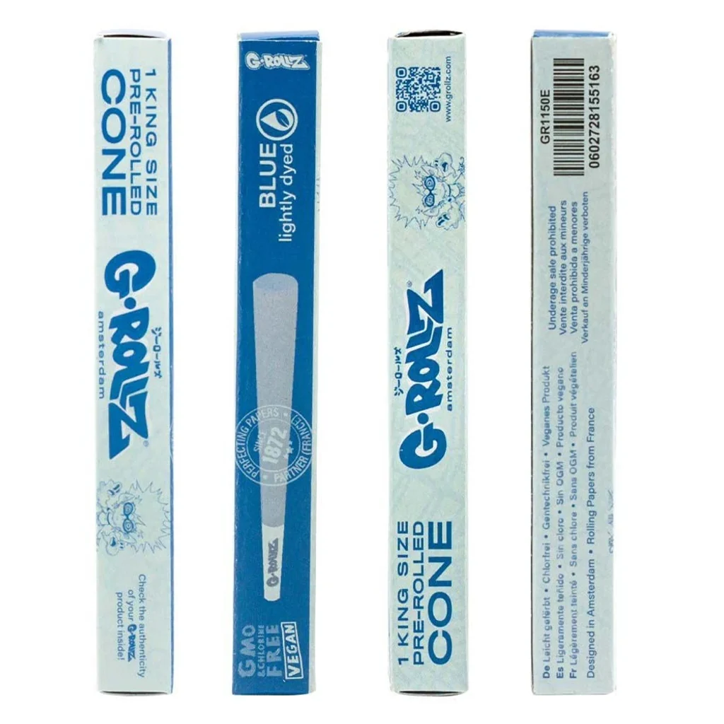 Distintas caras del envase alargado G-Rollz King Size Blue, en azul y blanco, con dibujo de un cono, código QR y código de barras.