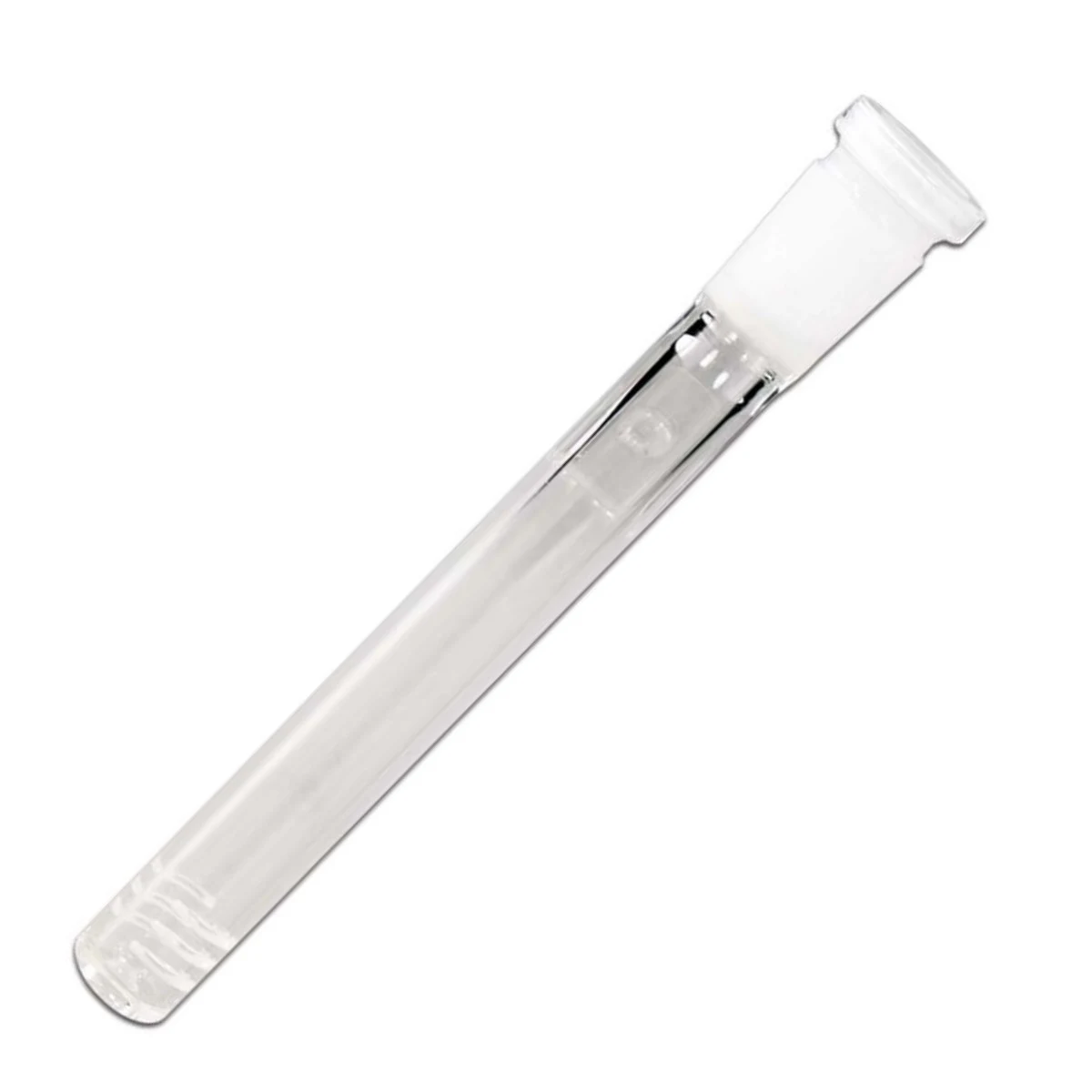 Tubo difusor de cristal transparente para bong, colocado en diagonal, con boca ensanchada y ranuras en el extremo inferior.