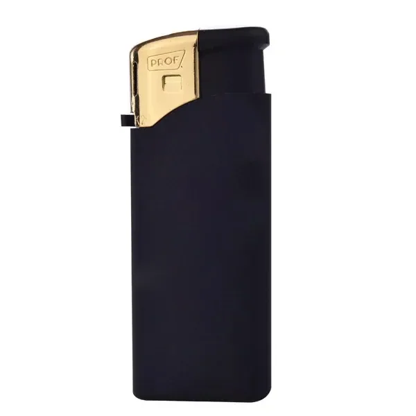 Mechero negro de cuerpo rectangular con bordes redondeados, pulsador negro y cabezal dorado con la marca PROF.